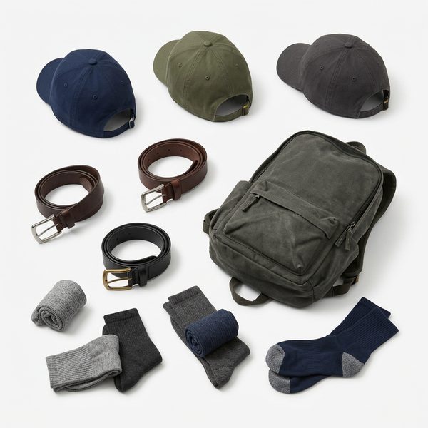 Gorras, cinturones y mochila