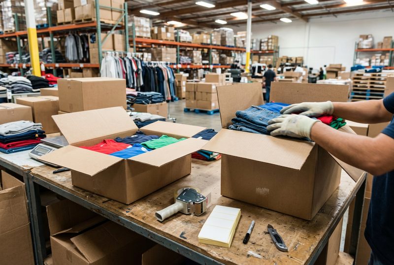 Empaque de un pedido de ropa en bodega