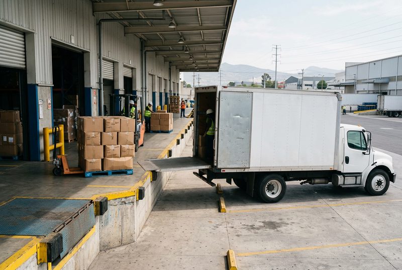 Camión de reparto cargando cajas en el andén